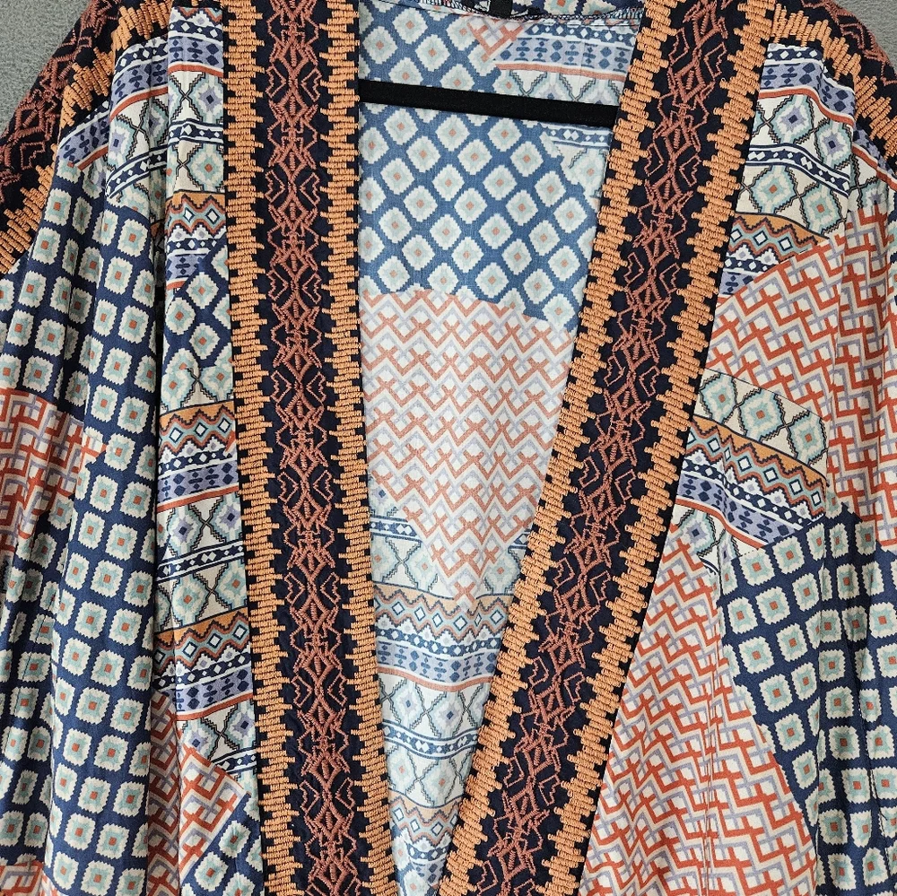 Tolani Collection O/S Kimono Duster Cardigan Boho Open Front Floral & Geometric - Picture 2 of 10